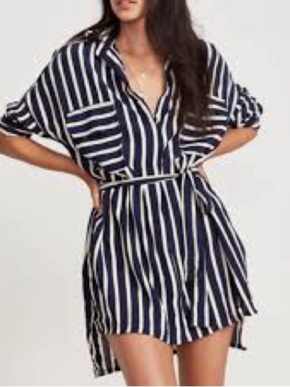 Faithfull the Brand Navy and White Striped Shirt Mini Dress